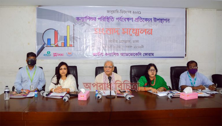 জাতীয় কন্যাশিশু অ্যাডভোকেসি ফোরাম কর্তৃক কন্যাশিশুর পরিস্থিতি পর্যবেক্ষণ প্রতিবেদন (জানুয়ারি-ডিসেম্বর, ২০২১) প্রকাশ