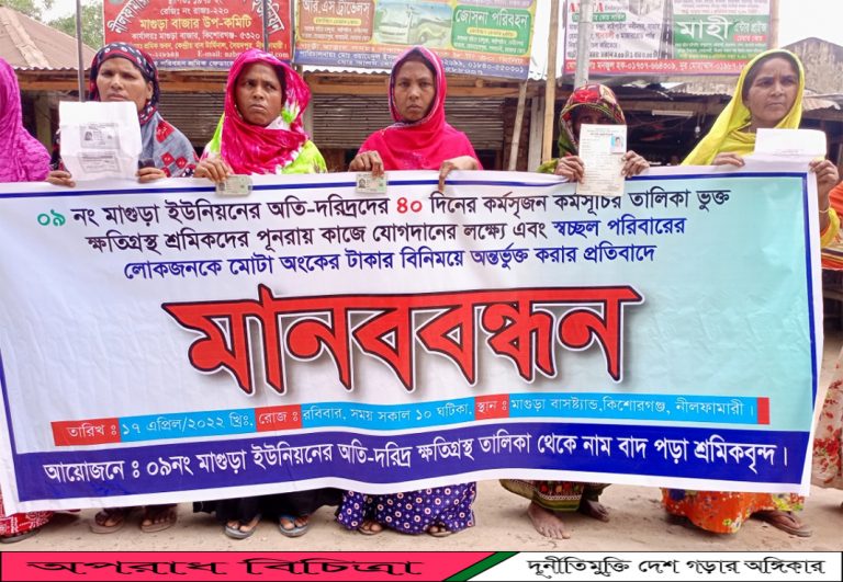 কর্মসৃজন প্রকল্পের তালিকাভুক্ত শ্রমিকদের কাজে যোগদান ও টাকার বিনিময়ে নতুন শ্রমিক অন্তর্ভুক্ত করার প্রতিবাদে  মানববন্ধন
