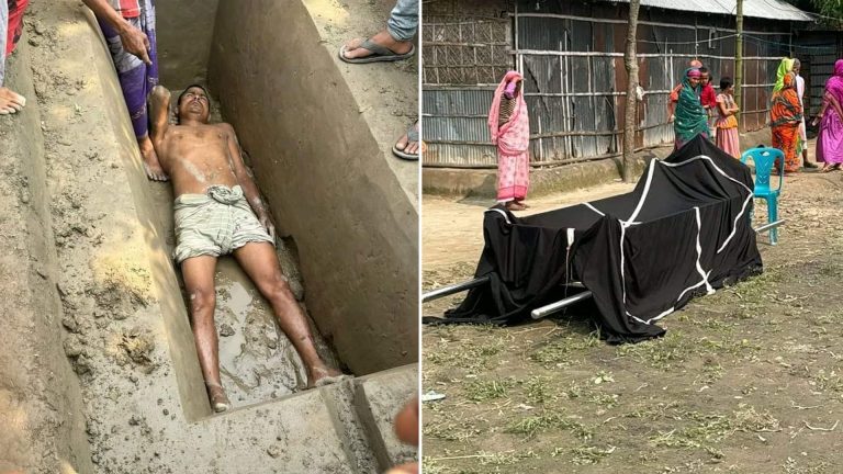 জমির জন্য কবরে শুয়ে বাবার মরদেহ দাফনে বাধা